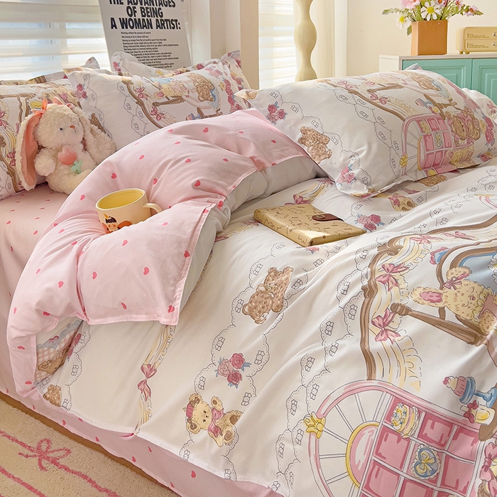 91家纺网 家纺一手货源 找家纺 楠沐家纺 （套件）2025新款亲肤芦荟棉美棉磨毛印花四件套(第二批) 爱心萝莉熊