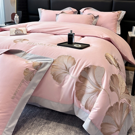 91家纺网 家纺一手货源 找家纺 家居1号 2024新款加厚磨毛刺绣四件套-金银杏 金银杏-玫瑰粉