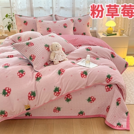 91家纺网 家纺一手货源 找家纺 梦可莱家居 2024新款牛奶豆豆绒印花床盖四件套 粉草莓