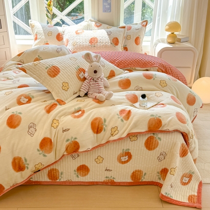91家纺网 家纺一手货源 找家纺 梦可莱家居 2024新款牛奶豆豆绒印花床盖四件套 红橙