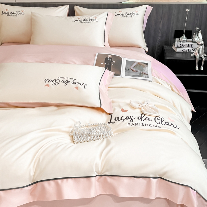 91家纺网 家纺一手货源 找家纺 娜娜 2024新款全棉时尚刺绣AB版双拼宽边绣花四件套--蝴蝶结系列 蝴蝶結-奶昔白+粉