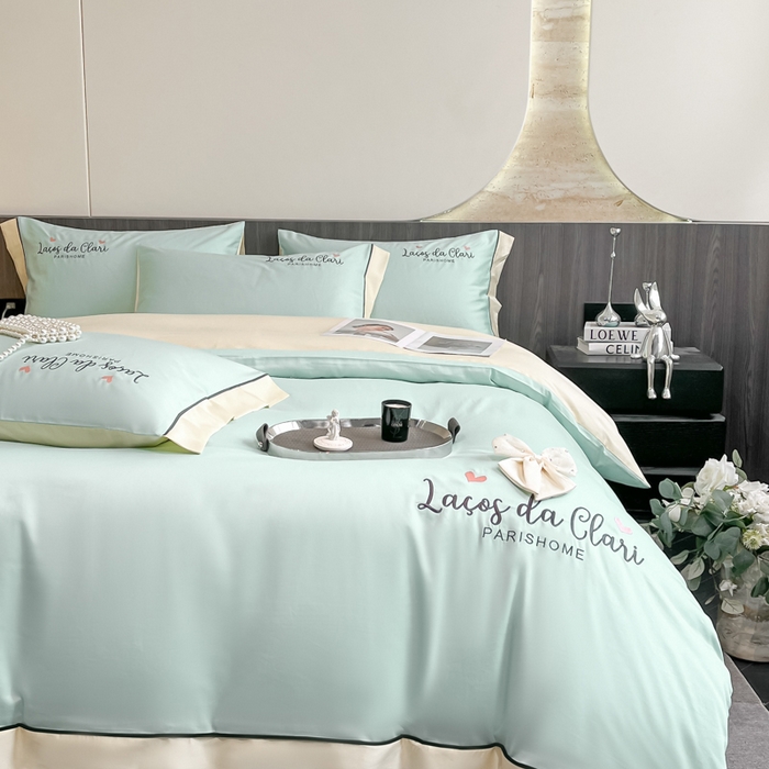 91家纺网 家纺一手货源 找家纺 娜娜 2024新款全棉时尚刺绣AB版双拼宽边绣花四件套--蝴蝶结系列 蝴蝶结-繁星蓝+奶昔白