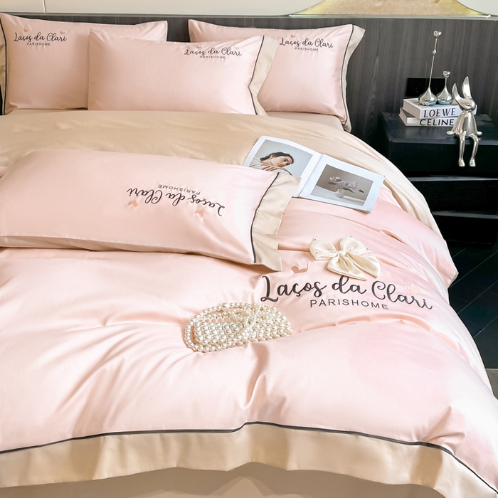 91家纺网 家纺一手货源 找家纺 娜娜 2024新款全棉时尚刺绣AB版双拼宽边绣花四件套--蝴蝶结系列 蝴蝶结-粉+奶咖