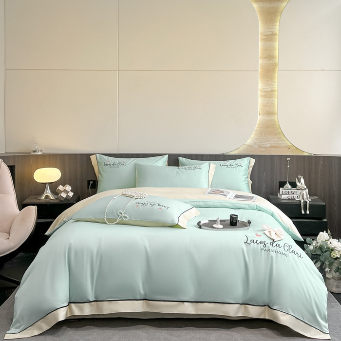 91家纺网 家纺一手货源 找家纺 娜娜 2024新款全棉时尚刺绣AB版双拼宽边绣花四件套--蝴蝶结系列 蝴蝶结-繁星蓝+奶昔白