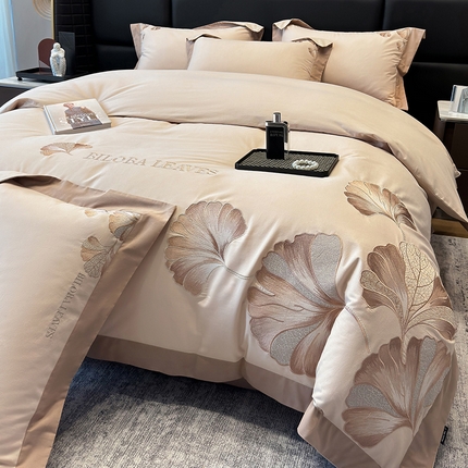 91家纺网 家纺一手货源 找家纺 家居1号 2024新款加厚磨毛刺绣四件套-金银杏 金银杏-香槟金