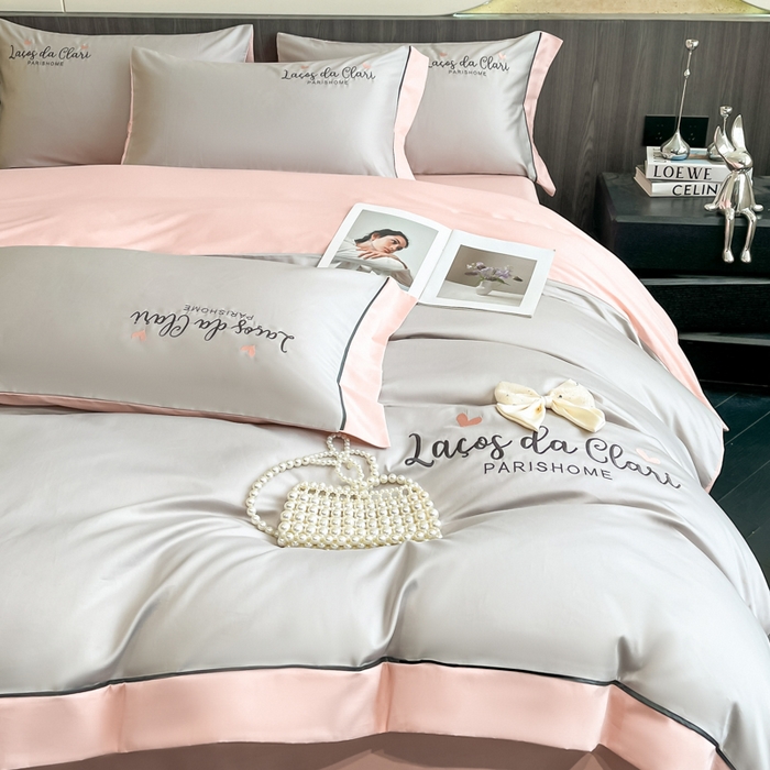 91家纺网 家纺一手货源 找家纺 娜娜 2024新款全棉时尚刺绣AB版双拼宽边绣花四件套--蝴蝶结系列 蝴蝶结-浅灰+粉