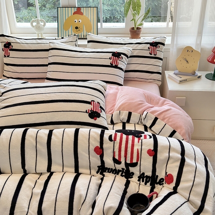 娜娜 2024新款加厚保暖高克重牛奶绒毛巾绣四件套 牛奶绒条纹小象