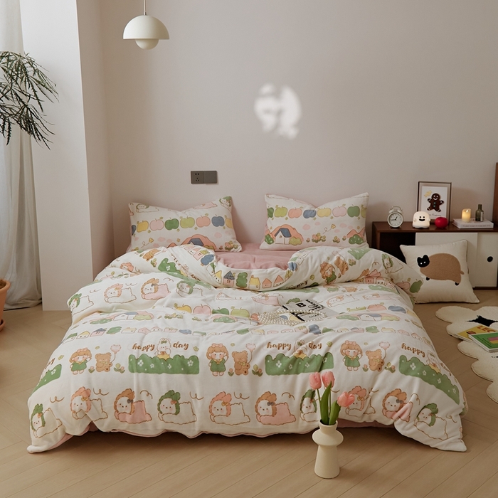 91家纺网 家纺一手货源 找家纺 时光里 2024新款230克牛奶绒印花四件套 萌兔派对