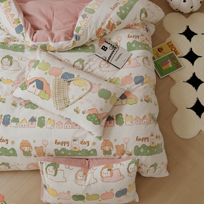 91家纺网 家纺一手货源 找家纺 时光里 2024新款230克牛奶绒印花四件套 萌兔派对