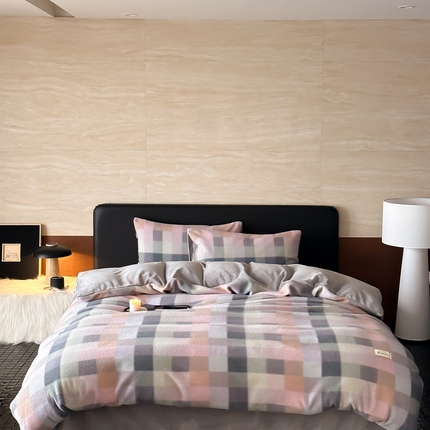 91家纺网 家纺一手货源 找家纺 2024新款仿生羊绒格子四件套-A.cne 雪后橘子海 糯米椰椰