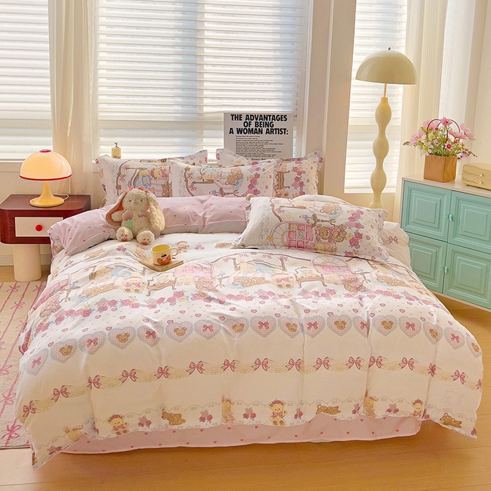 91家纺网 家纺一手货源 找家纺 楠沐家纺 （套件）2025新款亲肤芦荟棉美棉磨毛印花四件套(第二批) 爱心萝莉熊