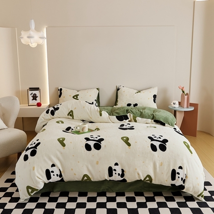 91家纺网 家纺一手货源 找家纺 时光里 2024新款230克牛奶绒印花四件套 熊猫