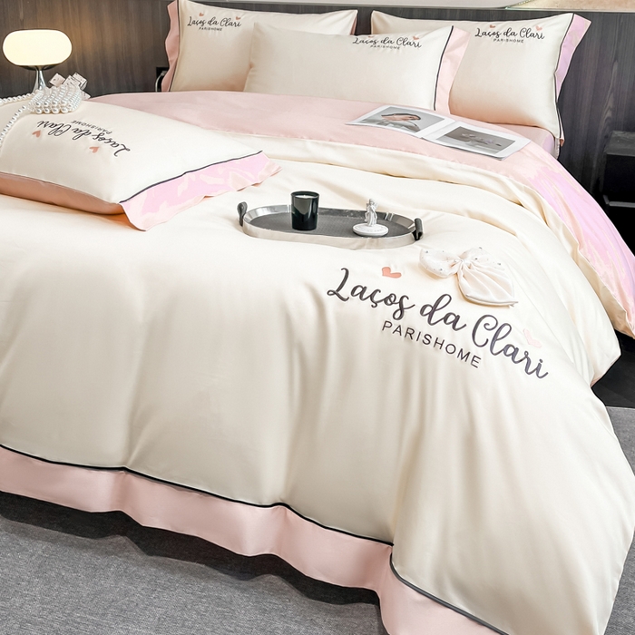 91家纺网 家纺一手货源 找家纺 娜娜 2024新款全棉时尚刺绣AB版双拼宽边绣花四件套--蝴蝶结系列 蝴蝶結-奶昔白+粉