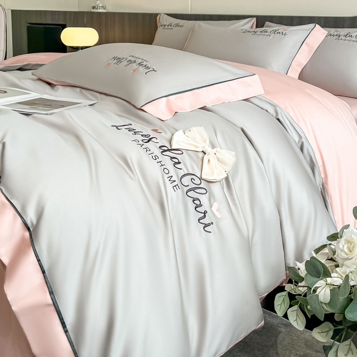 91家纺网 家纺一手货源 找家纺 娜娜 2024新款全棉时尚刺绣AB版双拼宽边绣花四件套--蝴蝶结系列 蝴蝶结-浅灰+粉