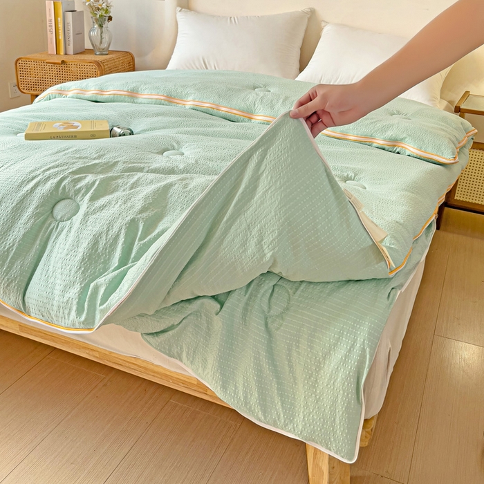 91家纺网 家纺一手货源 找家纺 梦莎被业 2025新款A类无染针织水洗棉大豆子母被 抹茶绿