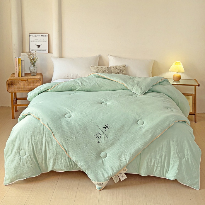 91家纺网 家纺一手货源 找家纺 梦莎被业 2025新款A类无染针织水洗棉大豆子母被 抹茶绿