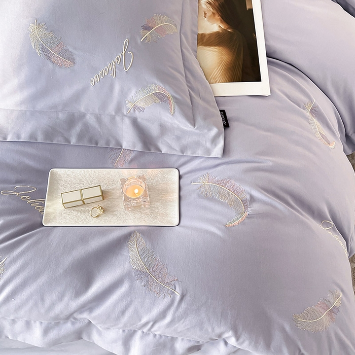 91家纺网 家纺一手货源 找家纺 【A类母婴级】加厚保暖全棉磨毛四件套纯棉刺绣床单被套轻奢风床笠款纯色简约床上用品 洛依-莓蓝