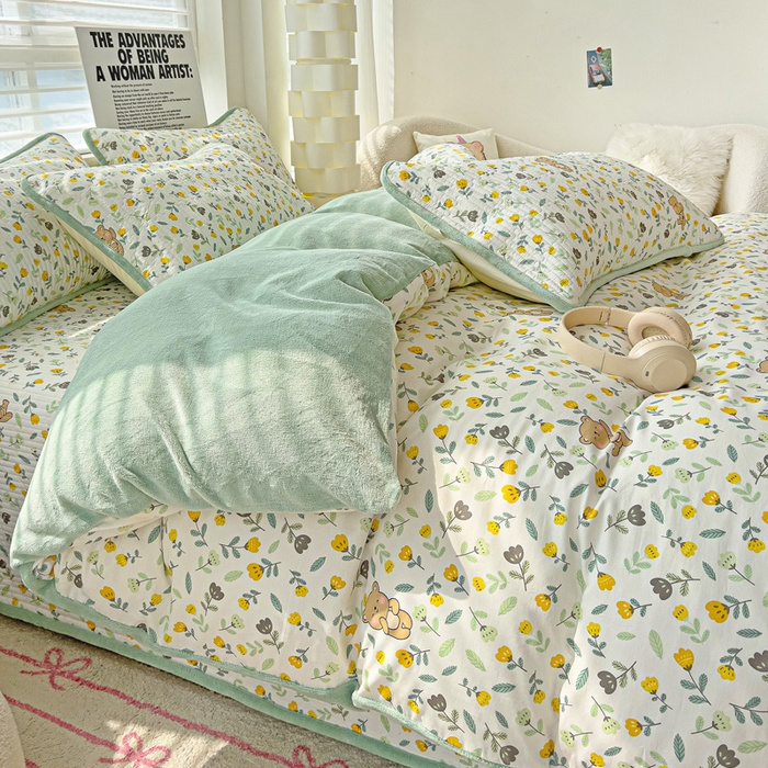 91家纺网 家纺一手货源 找家纺 2024新款水洗全棉牛奶绒床盖四件套 朵朵熊