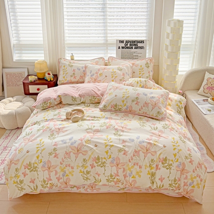 2024新款水洗全棉牛奶绒床盖四件套 浮春绘