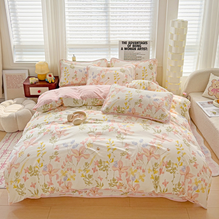 91家纺网 家纺一手货源 找家纺 2024新款水洗全棉牛奶绒床盖四件套 浮春绘