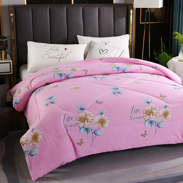 91家纺网 家纺一手货源 找家纺 梦莎被业 2025新款水洗棉印花舒适春秋被四季被夏被冬被被子被芯 国色天香粉