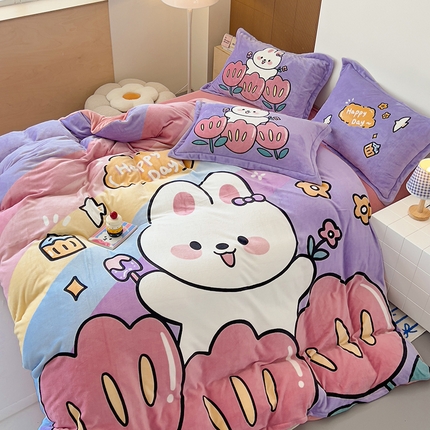91家纺网 家纺一手货源 找家纺 （总）2024新款A类卡通可爱大版印花牛奶绒加厚保暖小清新四件套
