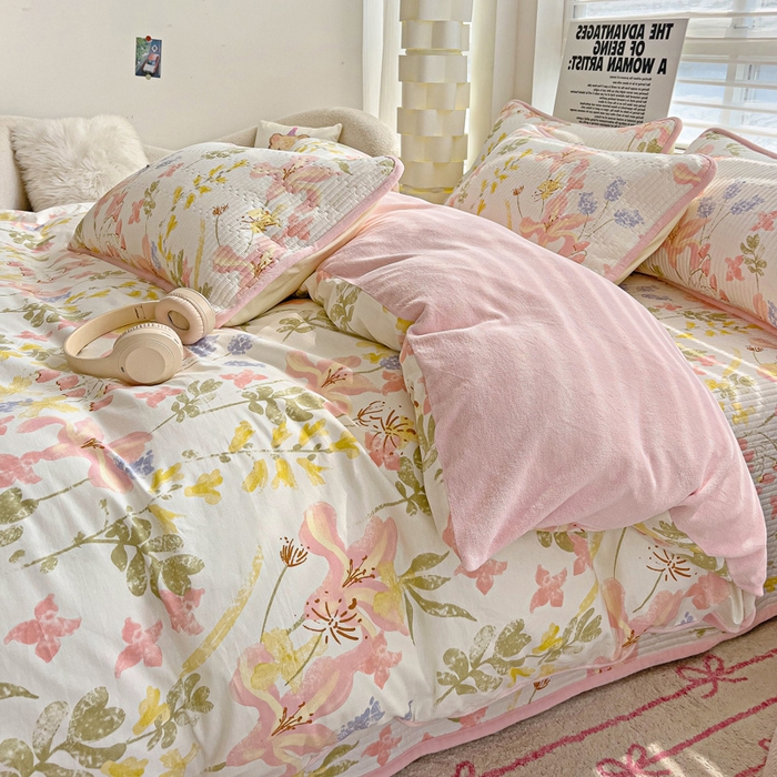 91家纺网 家纺一手货源 找家纺 2024新款水洗全棉牛奶绒床盖四件套 浮春绘