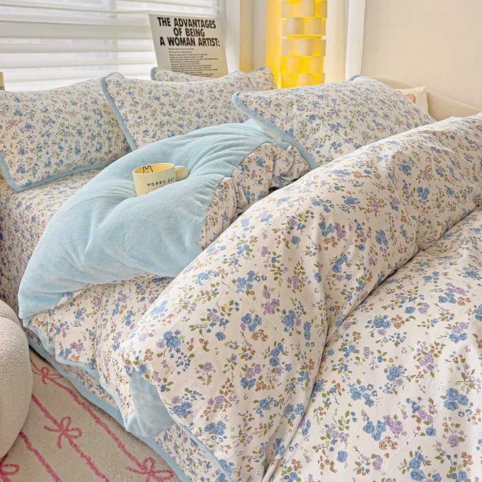 91家纺网 家纺一手货源 找家纺 2024新款水洗全棉牛奶绒床盖四件套 晚风