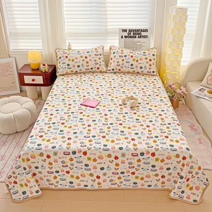 2024新款水洗全棉牛奶绒床盖三件套 小萌宠