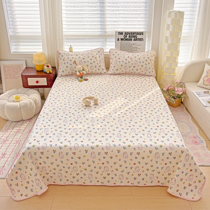 2024新款水洗全棉牛奶绒床盖三件套 元气兔兔