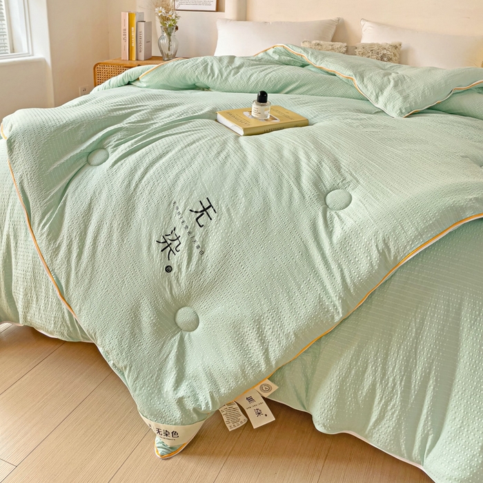 91家纺网 家纺一手货源 找家纺 梦莎被业 2025新款A类无染针织水洗棉大豆子母被 抹茶绿