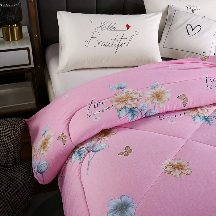 91家纺网 家纺一手货源 找家纺 梦莎被业 2025新款水洗棉印花舒适春秋被四季被夏被冬被被子被芯 国色天香粉