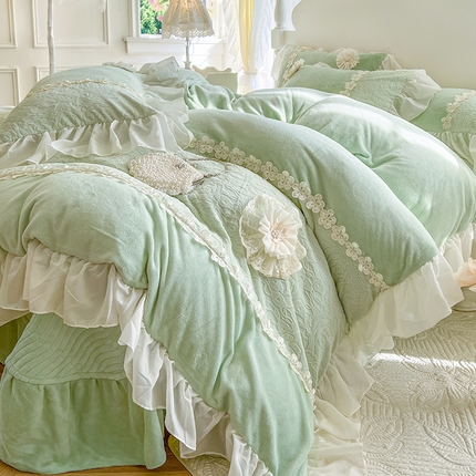 乐朵家居 2024新款 梦妮莎 牛奶绒床单款床盖款四件套 绿（控价 单269 夹棉299）