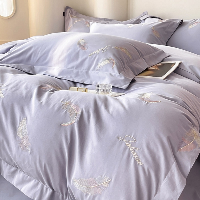 91家纺网 家纺一手货源 找家纺 【A类母婴级】加厚保暖全棉磨毛四件套纯棉刺绣床单被套轻奢风床笠款纯色简约床上用品 洛依-莓蓝