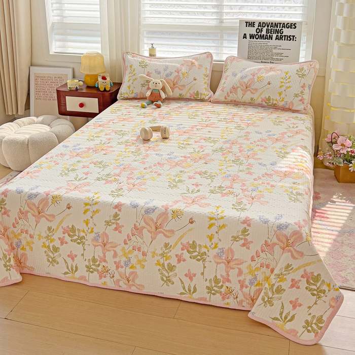 91家纺网 家纺一手货源 找家纺 2024新款水洗全棉牛奶绒床盖三件套 浮春绘