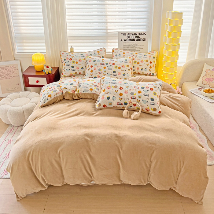 91家纺网 家纺一手货源 找家纺 2024新款水洗全棉牛奶绒床盖四件套 小萌宠