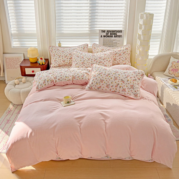 91家纺网 家纺一手货源 找家纺 2024新款水洗全棉牛奶绒床盖四件套 好事花生