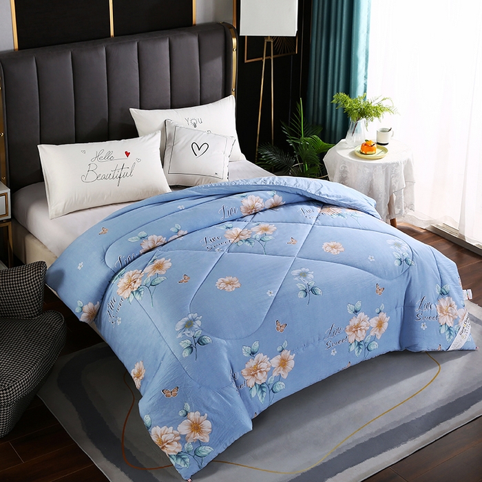 91家纺网 家纺一手货源 找家纺 梦莎被业 2025新款水洗棉印花舒适春秋被四季被夏被冬被被子被芯 国色天香蓝