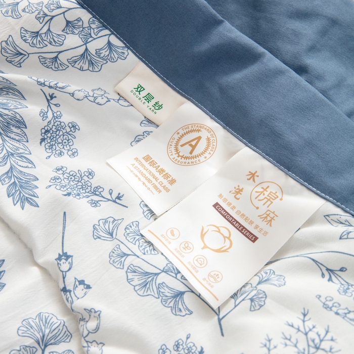 91家纺网 家纺一手货源 找家纺 梦莎被业 2025新款A类水洗棉麻夏凉被夏被四件套棉麻双层纱大豆夏被空调被直播热款-主图二 青花之恋