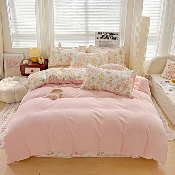 91家纺网 家纺一手货源 找家纺 2024新款水洗全棉牛奶绒床盖四件套 浮春绘