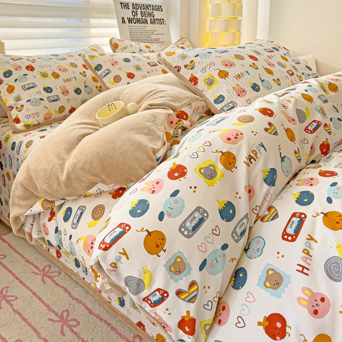 91家纺网 家纺一手货源 找家纺 2024新款水洗全棉牛奶绒床盖四件套 小萌宠