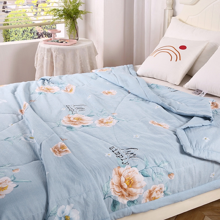 91家纺网 家纺一手货源 找家纺 梦莎被业 2025新款水洗棉印花亲肤可水洗夏凉被空调被四季被夏被被子被芯 国色天香蓝