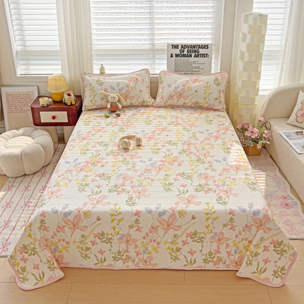 2024新款水洗全棉牛奶绒床盖三件套 浮春绘