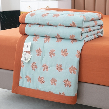 梦莎被业 2025新款A类水洗棉麻夏凉被夏被四件套棉麻双层纱大豆夏被空调被直播热款-主图一 枫叶