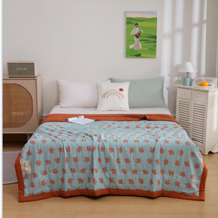 91家纺网 家纺一手货源 找家纺 梦莎被业 2025新款A类水洗棉麻夏凉被夏被四件套棉麻双层纱大豆夏被空调被直播热款-主图二 枫叶