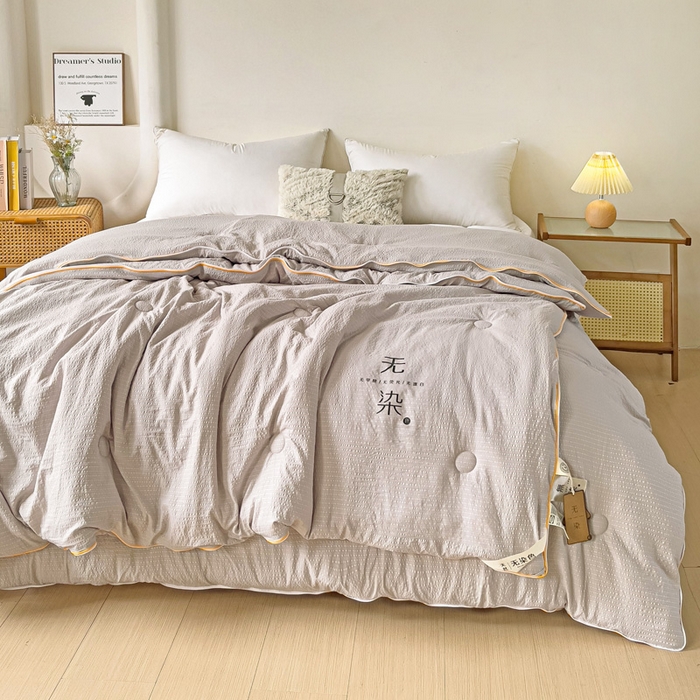 91家纺网 家纺一手货源 找家纺 梦莎被业 2025新款A类无染针织水洗棉大豆子母被 经典灰