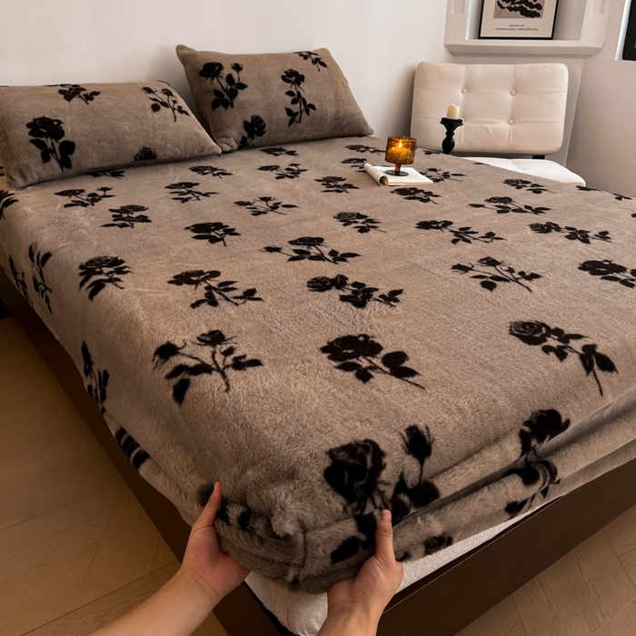 91家纺网 家纺一手货源 找家纺 子曰 2025新款加厚美拉德兔绒床笠床褥子床护垫 美拉德-玫瑰(咖)