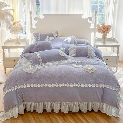 91家纺网 家纺一手货源 找家纺 （总）乐朵家居 2024新款 梦妮莎 牛奶绒床单款床盖款四件套 紫（控价 单269 夹棉299）