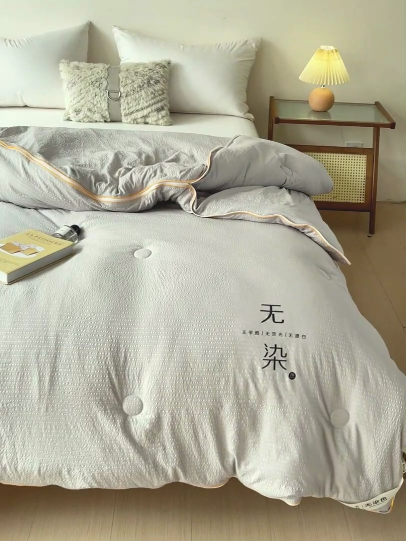 91家纺网 家纺一手货源 找家纺 梦莎被业 2025新款A类无染针织水洗棉大豆子母被 经典灰