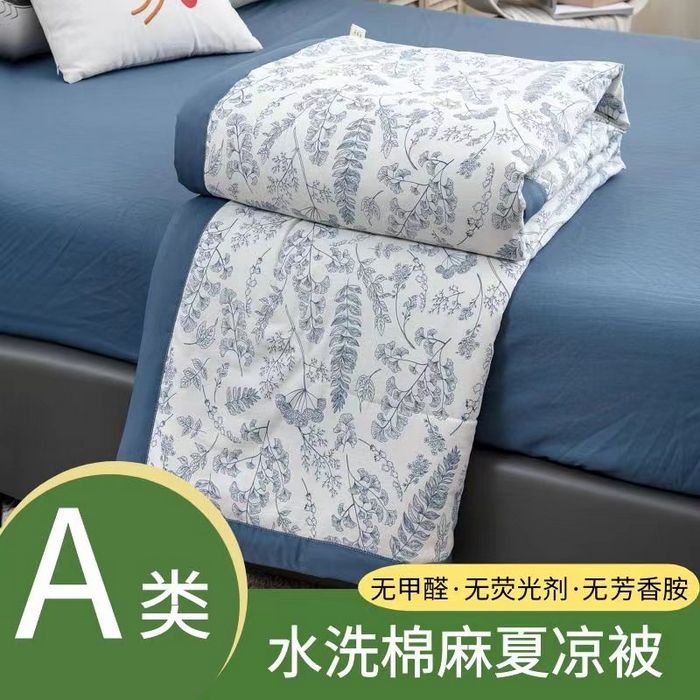 91家纺网 家纺一手货源 找家纺 梦莎被业 2025新款A类水洗棉麻夏凉被夏被四件套棉麻双层纱大豆夏被空调被直播热款-主图二 青花之恋